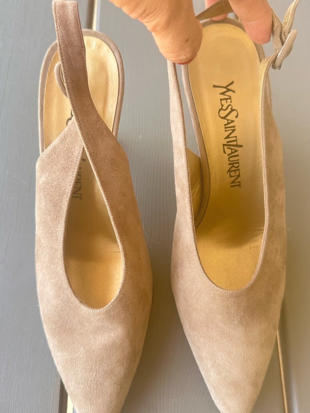 Saint Laurent Taupe Suede Pointed Slingback Pumps Sz 7.5 - Picture 3 of 11